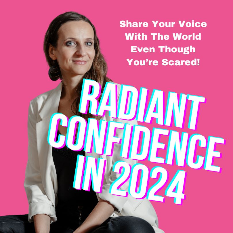 pink background, woman with long brown hair and a white blazer looking confidently in the camera: the words read: Radiant Confidence in 2024