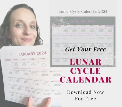 Woman is holding a 2024 calendar in her hand, smiling at the camera. The headline reads: Lunar Cycle Calendar Free Download.