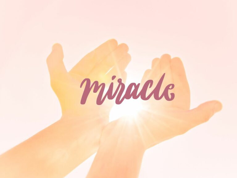 two open hands holding and offering a radiant light and it reads 'miracle'
