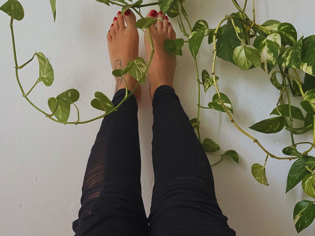 Legs are up against a white wall.
