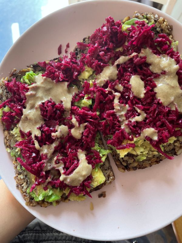 Delish avo toast with red sauerkraut