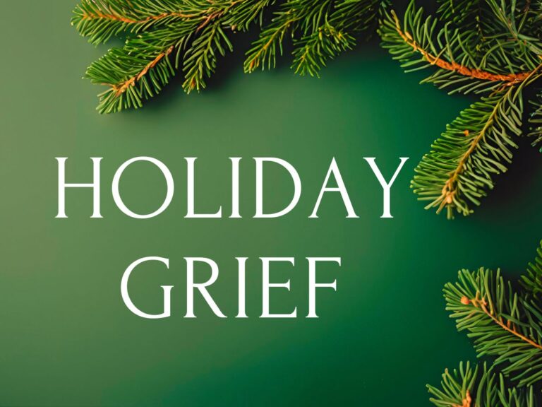 Green background with green wreath and in the center it says "Holiday Grief" in capital letters