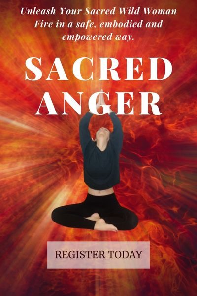 A woman is cross legged in a yoga pose. Her arms are above her head, hands together, her head looks up to her hands. A prayer position. The background is a mixture of yellow, orange, and red colors representing fire. The headline is called Sacred Anger. And there's a bottom for people to register for this online course.